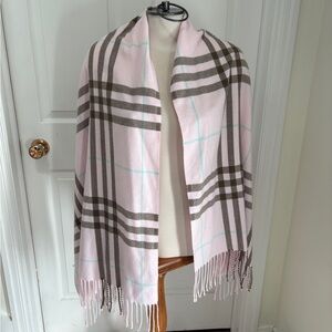 Pink and Brown Plaid Shawl/scarf/wrap with Fringe